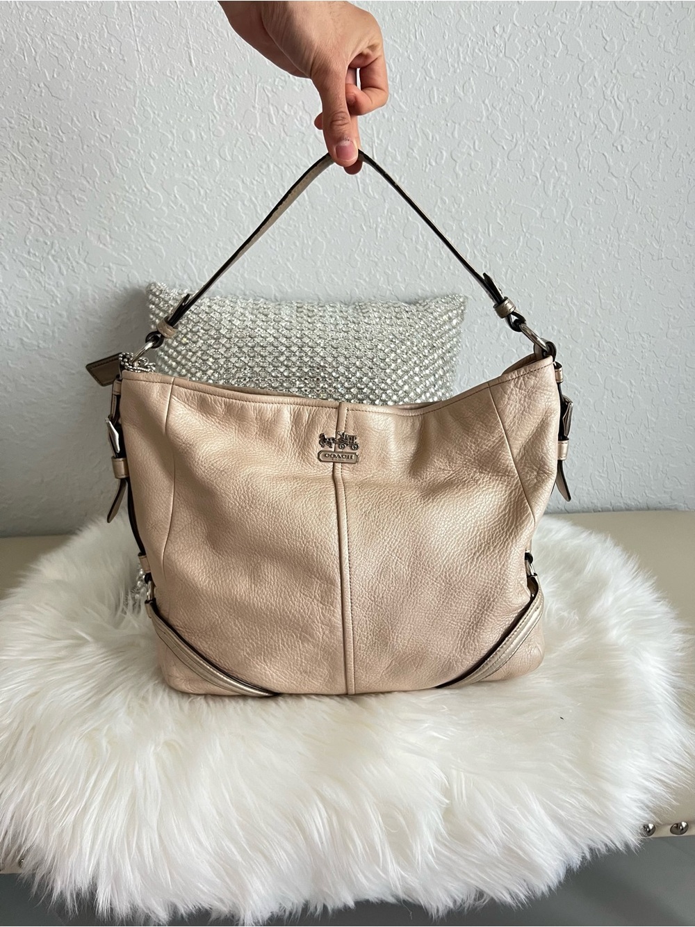 Coach Pebbled Leather Hobo Bag in Beige with Dark Trim